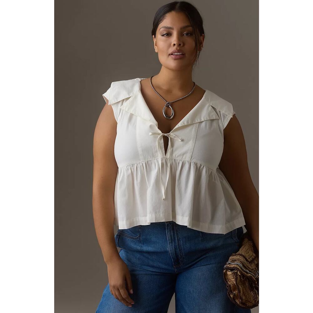 Anthropologie Maeve white collar poplin sleeveless tie front blouse
